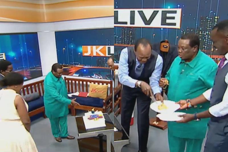 Collage photo of Francis atwoli suprising Jeff Koinange with a cake on his birthday.